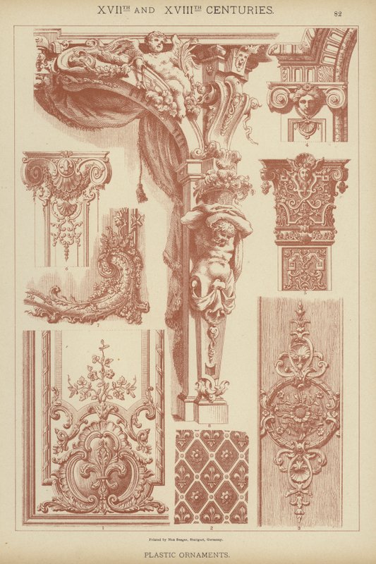 XVII. og XVIII. århundre, plastpynt (farge litho) av German School