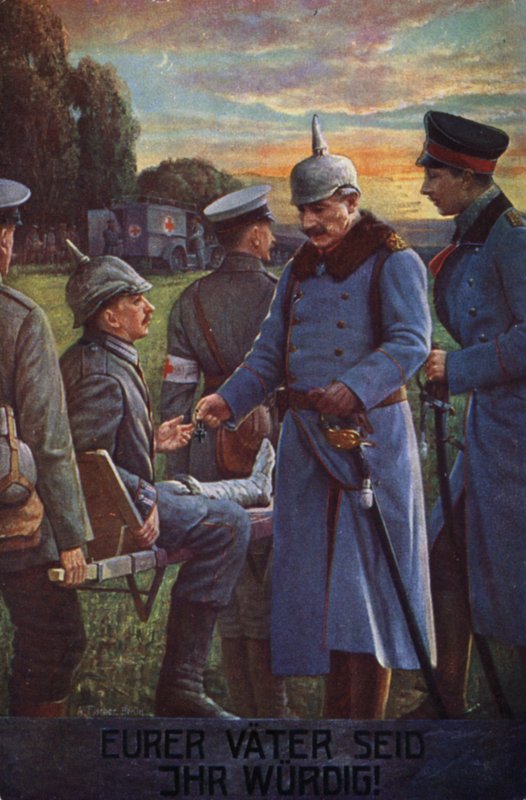 Dere er deres fedre verdige: Kaiser Wilhelm II tildeler en såret tysk soldat Jernkorset (fargelitografi) av German School