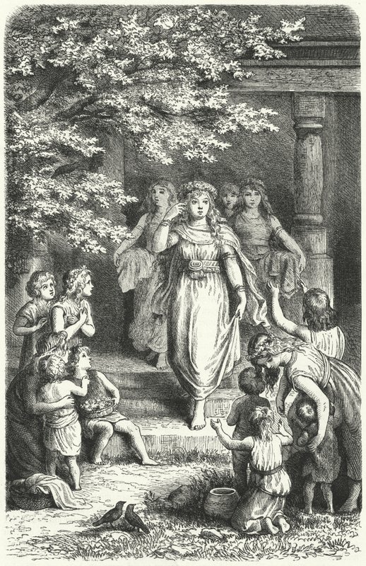 Unge tyske kvinner som har på seg kranser for å feire festivalen Eostre (Ostara) (gravering) av German School