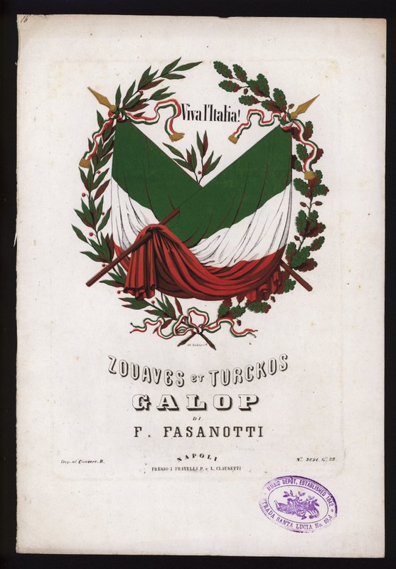 Zouaves et Turckos, Galop av F Fasanotti, noteomslag (farge litho) av German School