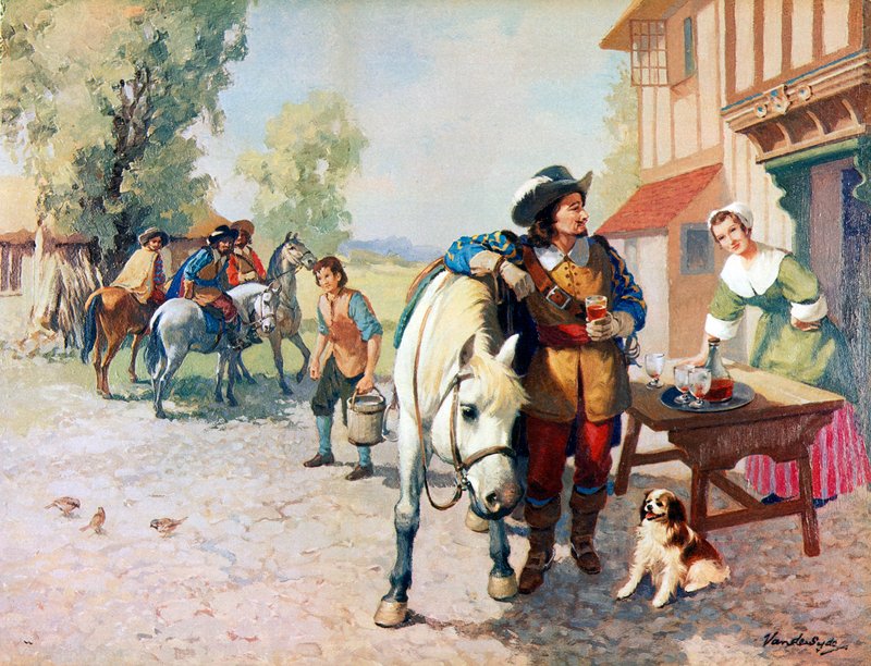Fire kavalerer på vei til London for å finne en hund som ble den første King Charles Spaniel av Gerritt Vandersyde