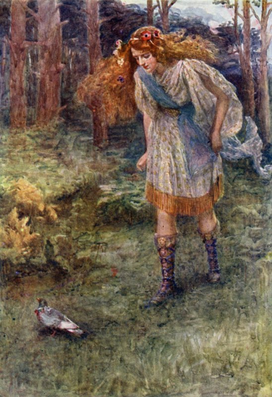 "Og hver gang hun nærmet seg, fløyte duen litt fremover" (farge litho) av Gertrude E. Demain (after) Hammond