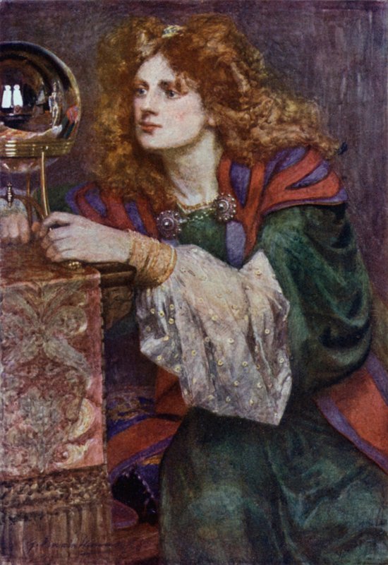 Britomart espies the Mirror (farge litho) av Gertrude E. Demain (after) Hammond