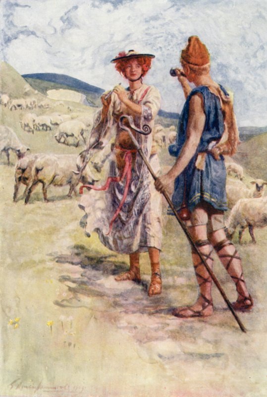 Calidore og Pastorella (farge litho) av Gertrude E. Demain (after) Hammond