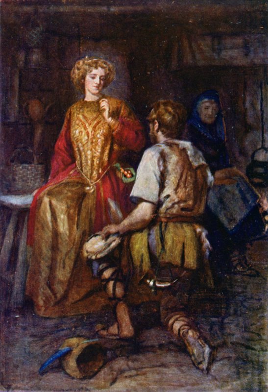 "Ofte fra skogen villmarker han brakte, hvis sider var fylt med smilende rødt!" (farge litho) av Gertrude E. Demain (after) Hammond