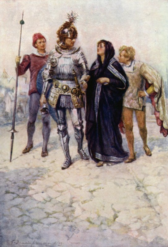 Prins Arthur leder Belge og sønnene hennes inn i slottet (farge litho) av Gertrude E. Demain (after) Hammond