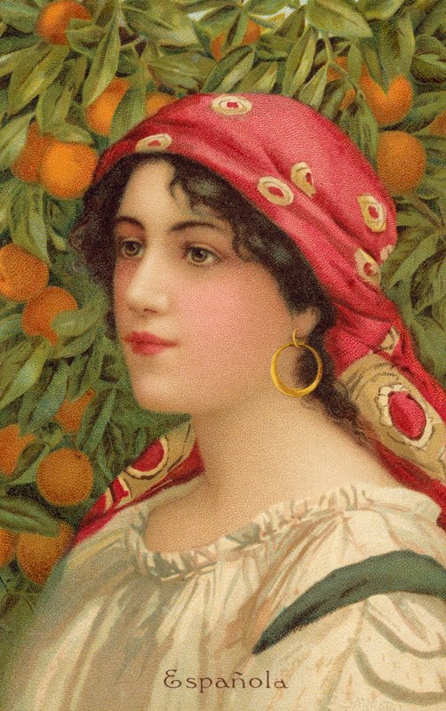 Portrett av en spansk kvinne med et appelsintre (farge litho) av Giovanni Barbaro