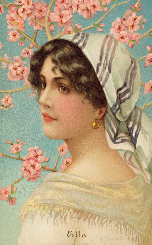 Portrett av en kvinne med et tre i blomst (farge litho) av Giovanni Barbaro