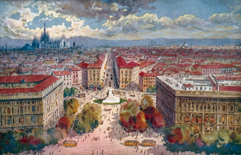 Milano / Milan: Panorama fra slottet (litho-farge) av Giovanni Guerzoni