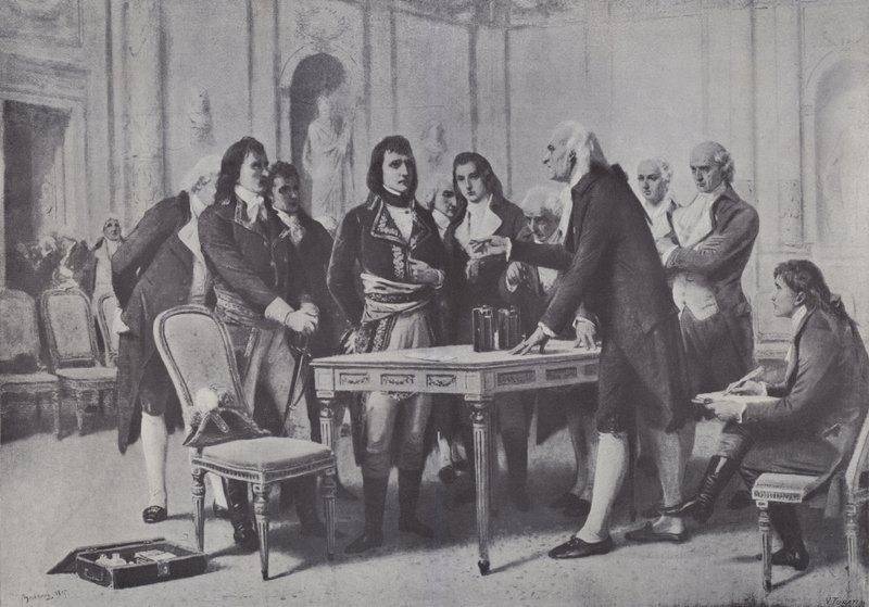 Alessandro Volta demonstrerer batteriet sitt for Napoleon, Frankrikes første konsul, 1801 av Giuseppe Bertini
