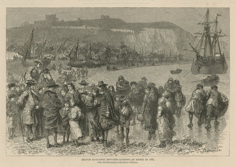 Hugenottene i England: Franske hugenottflyktninger som går i land i Dover i 1685 (gravering) av Godefroy Durand