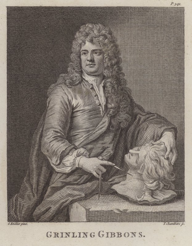 Grinling Gibbons , engelsk treskjærer og billedhugger (gravering) av Godfrey (after) Kneller