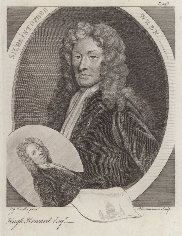 Sir Christopher Wren, engelsk arkitekt, og Hugh Howard, engelsk kunstner og samler (gravering) av Godfrey (after) Kneller