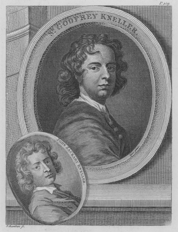 Sir Godfrey Kneller og John Zacharias Kneller, tyske kunstnere aktive i England (gravering) av Godfrey (after) Kneller