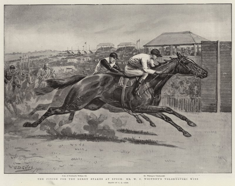 Avslutningen for Derby Stakes i Epsom, Mr W C Whitneys Volodyovski vinner av Godfrey Douglas Giles