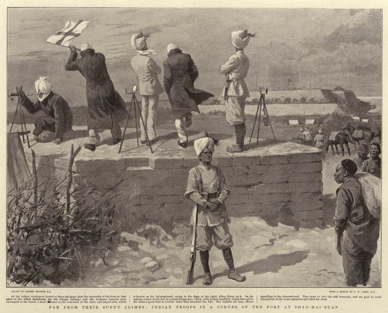 Langt fra deres solrike himmelstrøk, indiske tropper i et hjørne av fortet ved Shan-Hai-Quan av Gordon Frederick Browne