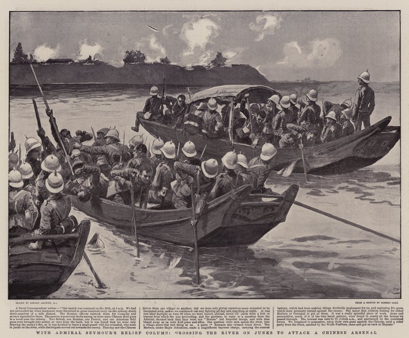 Med admiral Seymours hjelpesøyle, krysse elven på Junks for å angripe et kinesisk arsenal av Gordon Frederick Browne