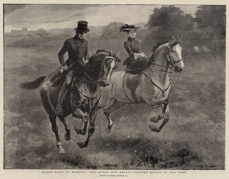 Glade dager i Windsor, dronningen og prinsgemalen sykler i parken av Gordon Frederick Browne
