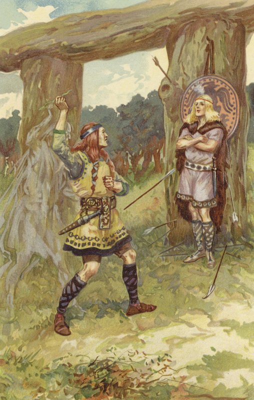 Hodur tok mistelteinen fra Loke, og Loke ledet armen hans, og han kastet den mot Baldur, og med et skarpt skrik falt Baldur død (chromolitho) av Gordon Frederick Browne