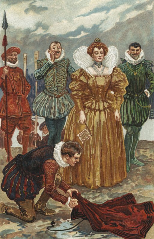 Sir Walter Raleigh tilbyr kappen sin til dronning Elizabeth I av Gordon Frederick Browne