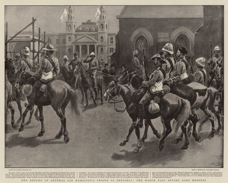 Returen av general Ian Hamiltons tropper til Pretoria, mars forbi før Lord Roberts av Gordon Frederick Browne