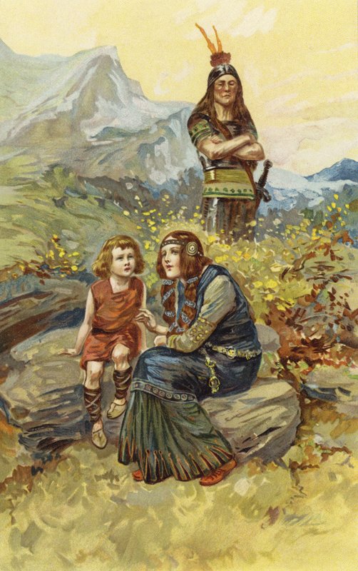 Bondekvinnen og Olaf, sønnen hennes, satt i morgensolen (chromolitho) av Gordon Frederick Browne