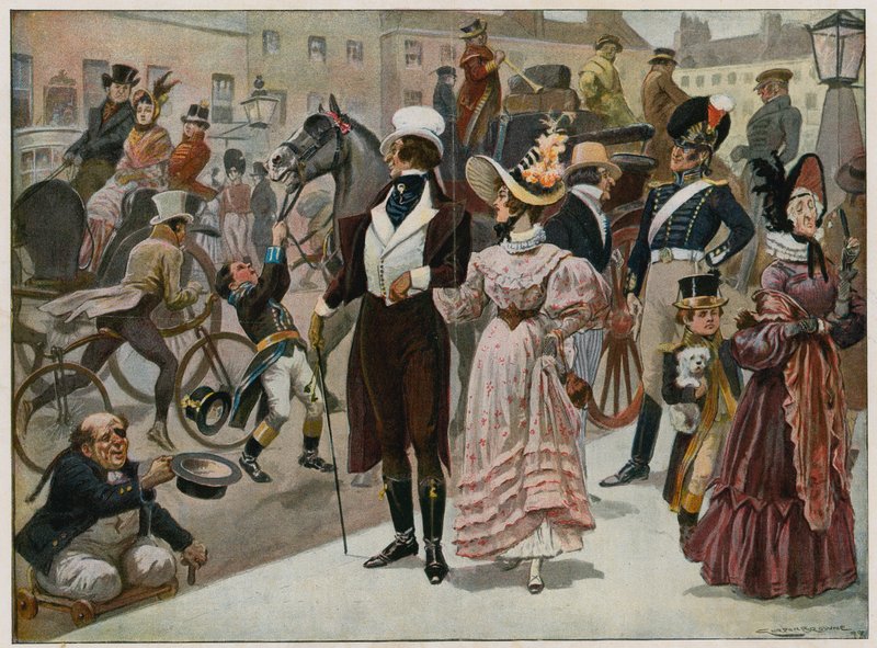 De første dagene av vårt århundre - Piccadilly, London, i 1800; fargeplate av Gordon Frederick Browne