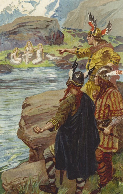 De så på kanten av innsjøen tre jomfruer som satt og spinnet lin (chromolitho) av Gordon Frederick Browne