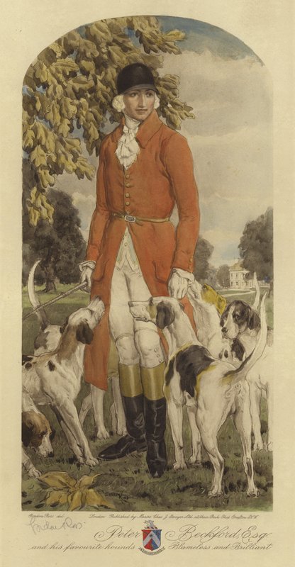 Peter Beckford Esq og favoritthundene hans Shameless and Brilliant (farge litho) av Gordon Ross