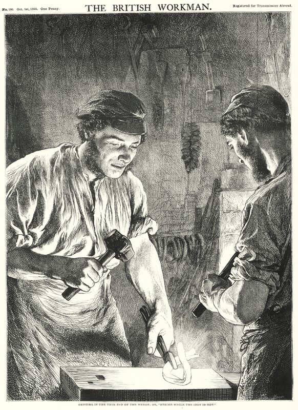 Å komme inn i den tynne enden av kilen, eller "Slå mens jernet er varmt" (gravering) av Gourlay Steel