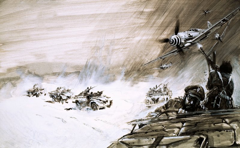 En konvoi med fem tunge lastebiler som krysser det egyptiske sandhavet blir angrepet av et fiendtlig fly (gouache på papir) av Graham Coton