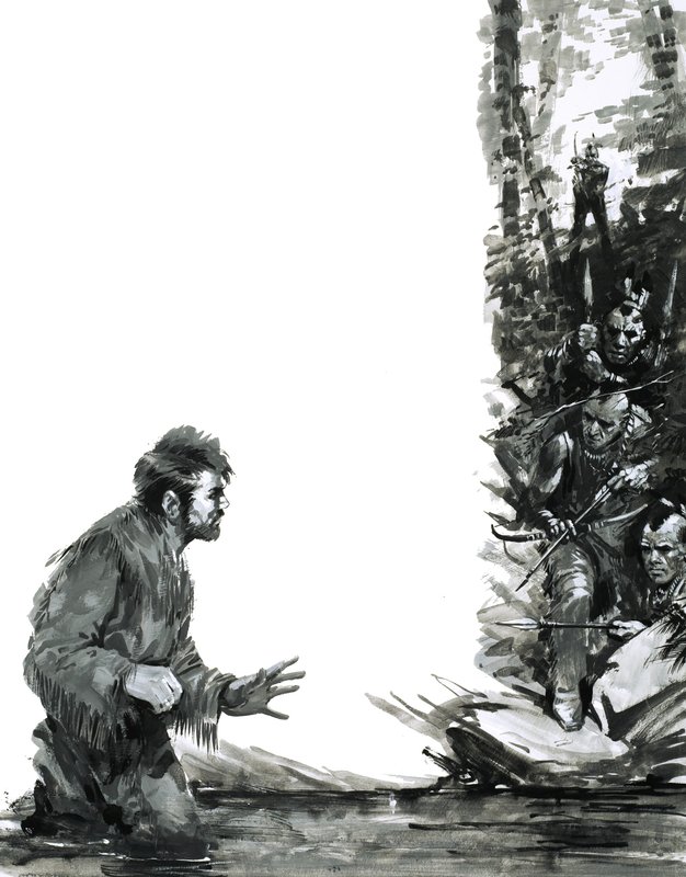 Alexander Mackenzie blir truet av indianere mens han vasser gjennom en elv av Graham Coton