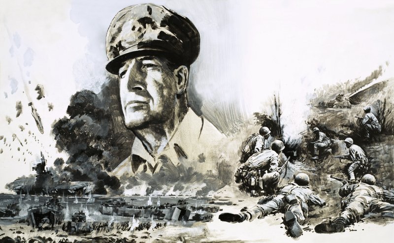 Douglas MacArthur med scener fra D-dagens landing av Graham Coton