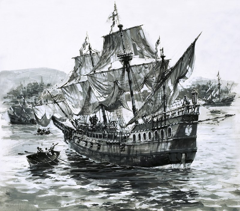 Drakes skip, Golden Hind, halter tilbake til Portsmouth med enorme rikdommer av Graham Coton