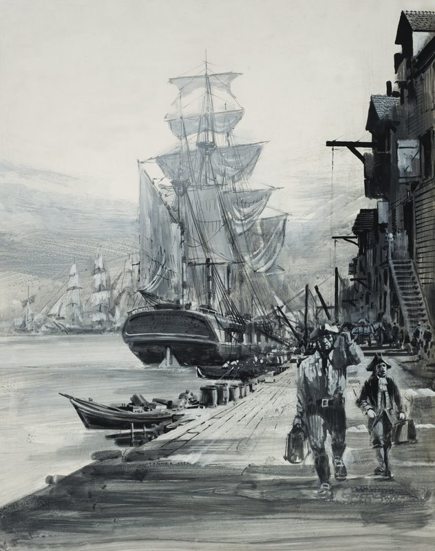 Havnescene (gouache på papir) av Graham Coton