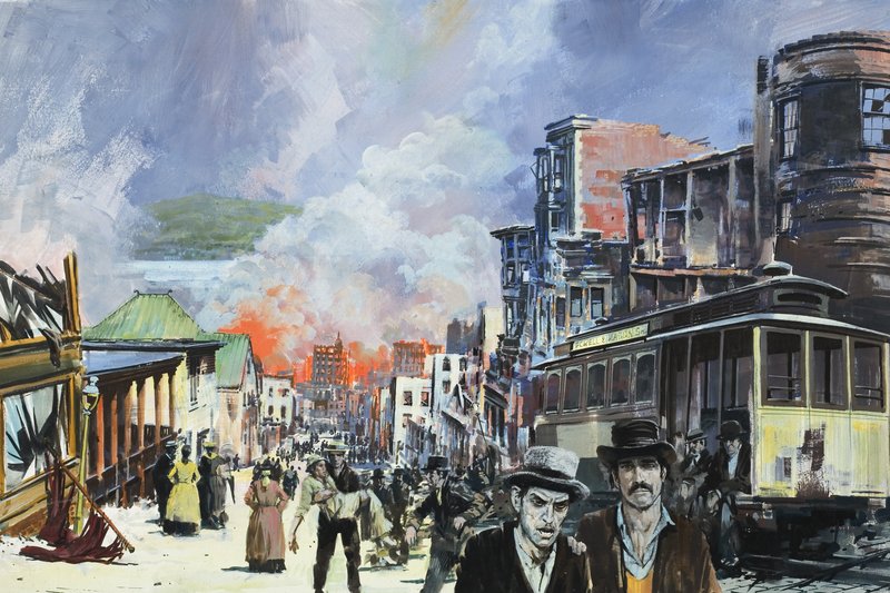 San Francisco-brannen og jordskjelvet i 1906 (gouache på papir) av Graham Coton
