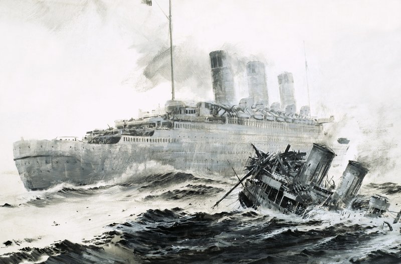 Queen Mary møter sin eskorteskip, Curacoa, og senker skipet. av Graham Coton