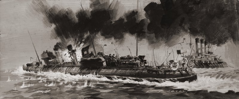 Uidentifisert marineengasjement under første verdenskrig (gouache på papir) av Graham Coton