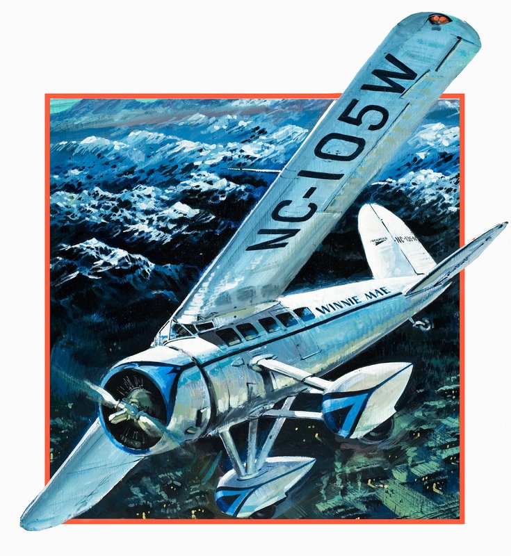 Wiley Hardemann Post flyr Winnie May solo jorden rundt (gouache på papir) av Graham Coton