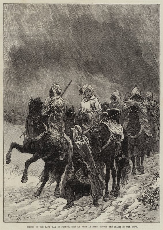 Scener fra den sene krigen i Frankrike, Retreat from Le Mans, Ghoums og Spahis in the Snow av Guillaume Regamey