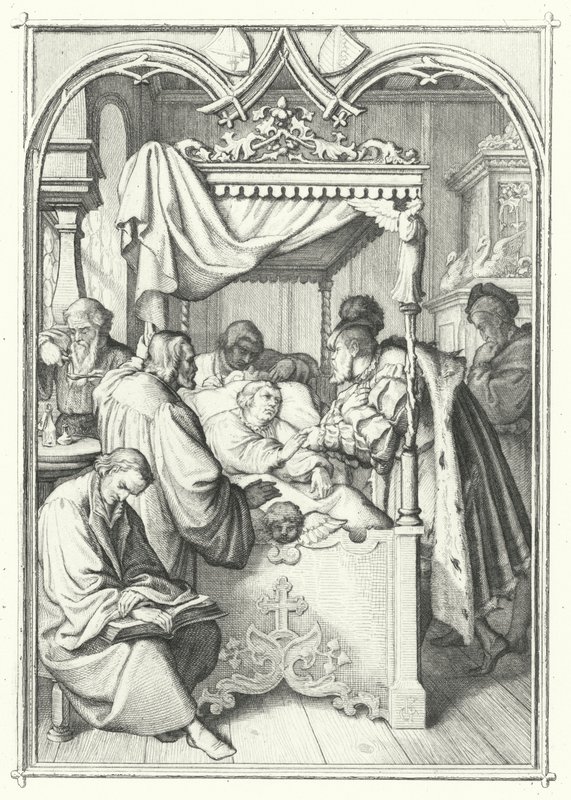 John, kurfyrst av Sachsen, besøker Martin Luther på sykehus (gravering) av Gustav Ferdinand Leopold Konig