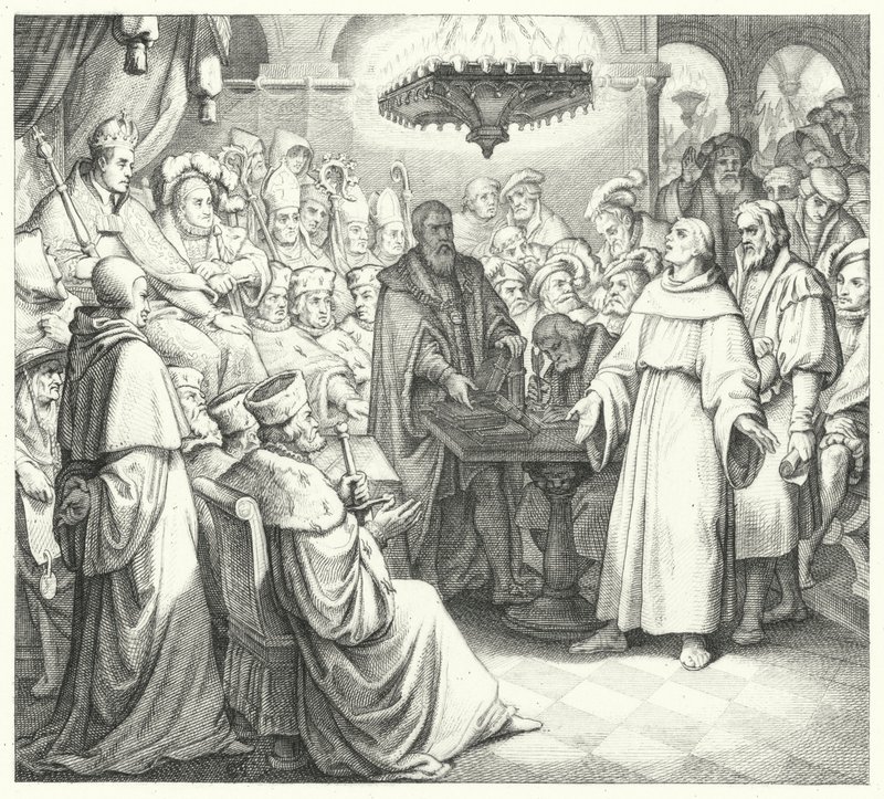 Martin Luther dukker opp foran keiser Charles V på Diet of Worms (gravering) av Gustav Ferdinand Leopold Konig