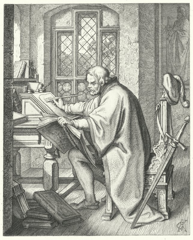 Martin Luther begynner oversettelsen av Bibelen på Wartburg slott (gravering) av Gustav Ferdinand Leopold Konig