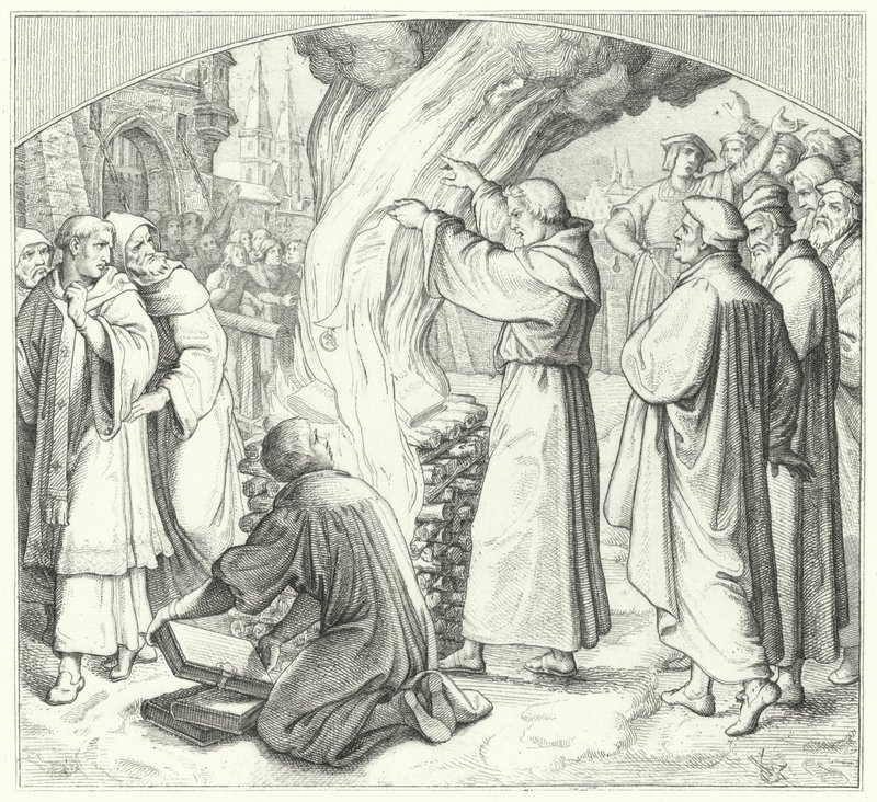 Martin Luther brenner den pavelige oksen i Wittenberg, 1520 av Gustav Ferdinand Leopold Konig