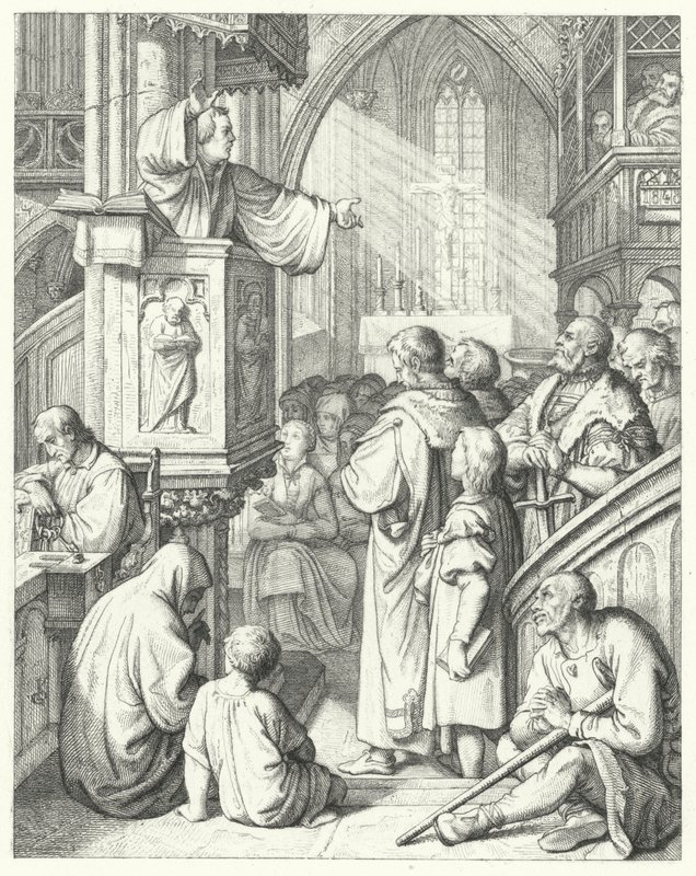Martin Luther holder en preken (gravering) av Gustav Ferdinand Leopold Konig