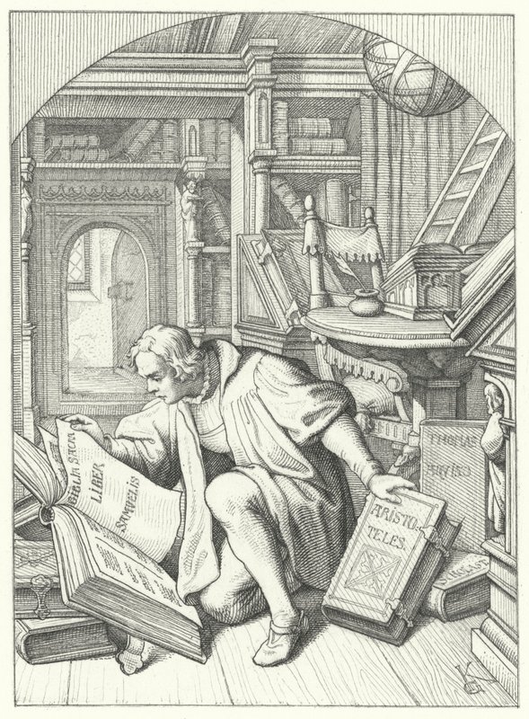 Martin Luther oppdager en latinsk bibel i biblioteket ved Erfurt University (gravering) av Gustav Ferdinand Leopold Konig