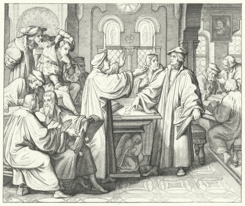 Martin Luther diskuterer nadverden med Huldrych Zwingli (gravering) av Gustav Ferdinand Leopold Konig