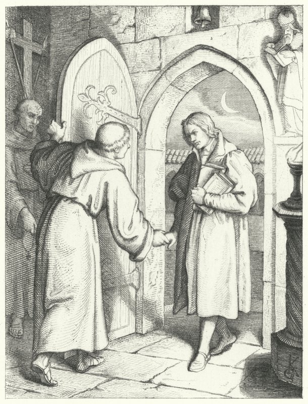 Martin Luther gikk inn i St Augustines-klosteret i Erfurt 17. juli 1505 av Gustav Ferdinand Leopold Konig