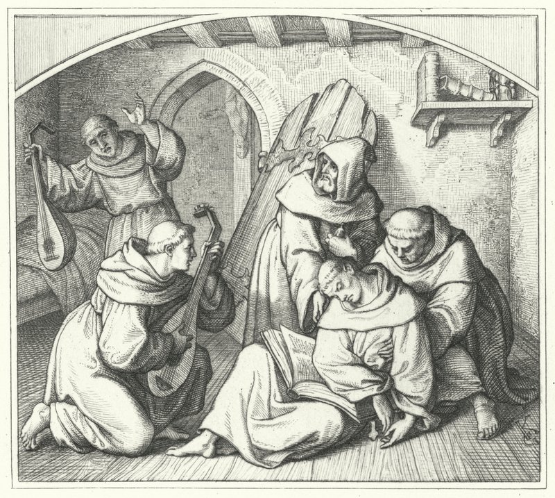 Martin Luther besvimer med en bibel i hånden og vennene hans bringer ham tilbake til fornuften (gravering) av Gustav Ferdinand Leopold Konig