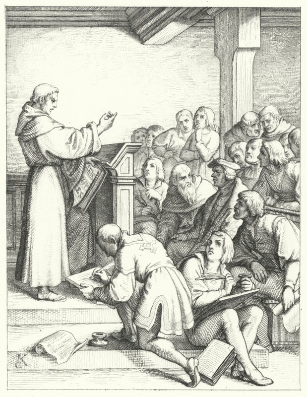 Martin Luther i en filosofi- og teologiforelesning for sin bachelorgrad (gravering) av Gustav Ferdinand Leopold Konig